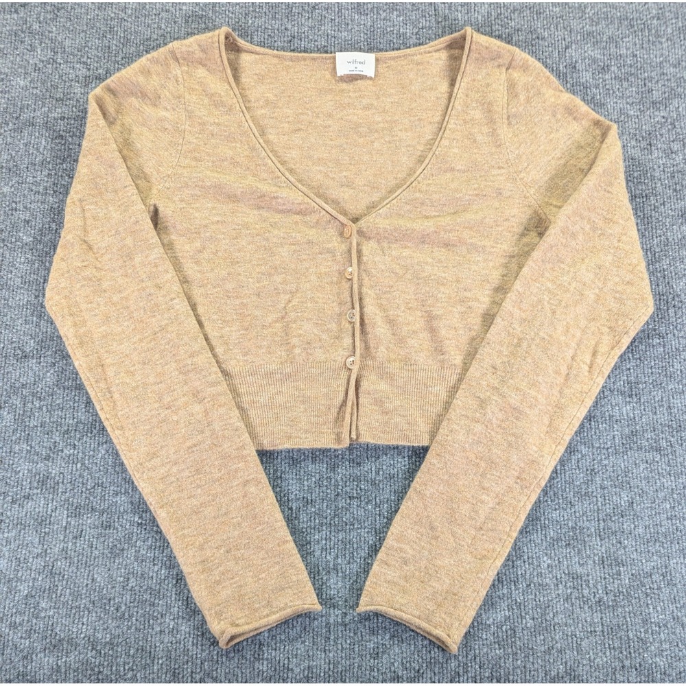 Wilfred Aritzia Cropped Cardigan Sweater Tan Wool Cashmere Blend V-Neck Medium